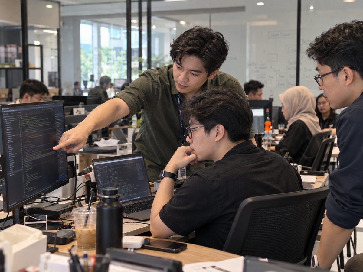 Photo: Etzal engineers at their desks, building and testing software together