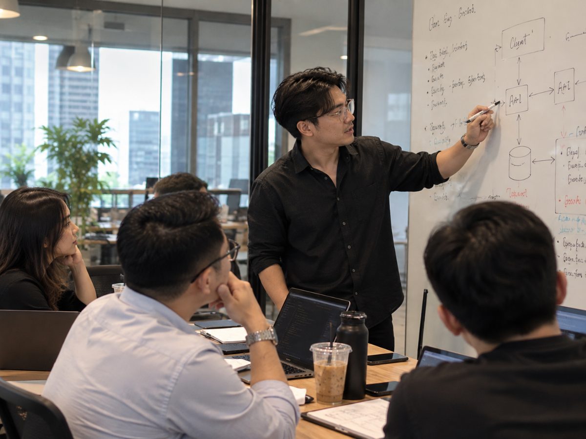 Photo: client team in training, a Forward Deploy Engineer at the whiteboard